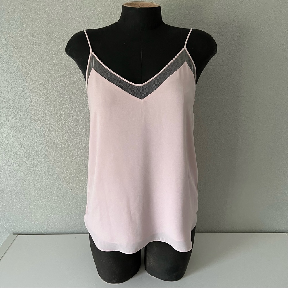 Babaton Pale Pink & Charcoal Mesh Trim V-Neck Silk Tank
